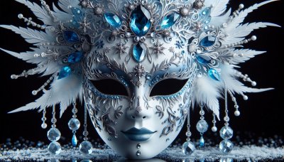 Intricate Venetian Masquerade Mask with Silver Filigree and Blue Gemst
