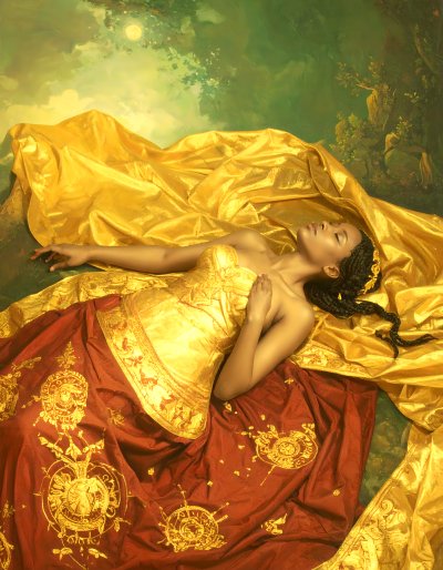 Woman in gold and crimson fabrics rests under moonlit forest canopy