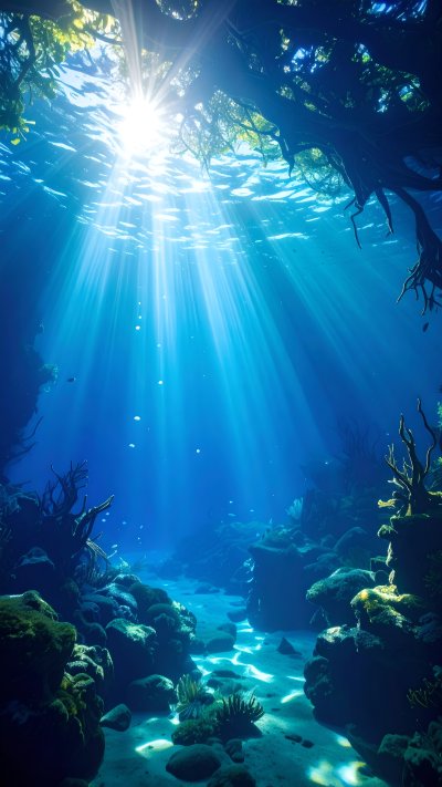 Underwater sun rays illuminating coral reef and roots