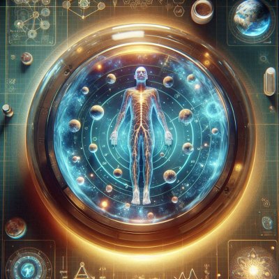 Human figure in cosmic sphere with planets, interconnectedness