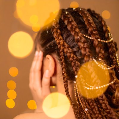 Braids with gold, gems: mystic beauty, fantasy.