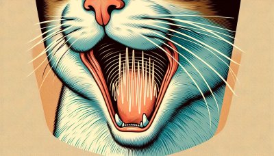 Stylized illustration of a cat's open mouth with teeth and throat