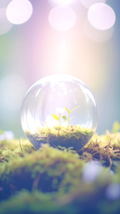Plant with flower in glass sphere on moss with soft bokeh background