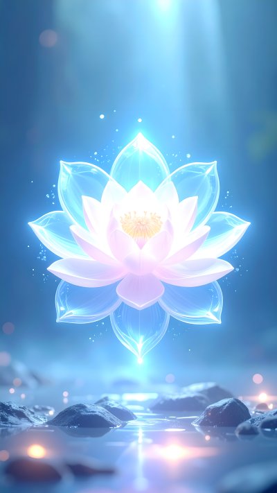 Magical glowing lotus flower floats on water with shimmering light