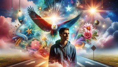 Man on road with eagle, flowers, and stars: life's journey