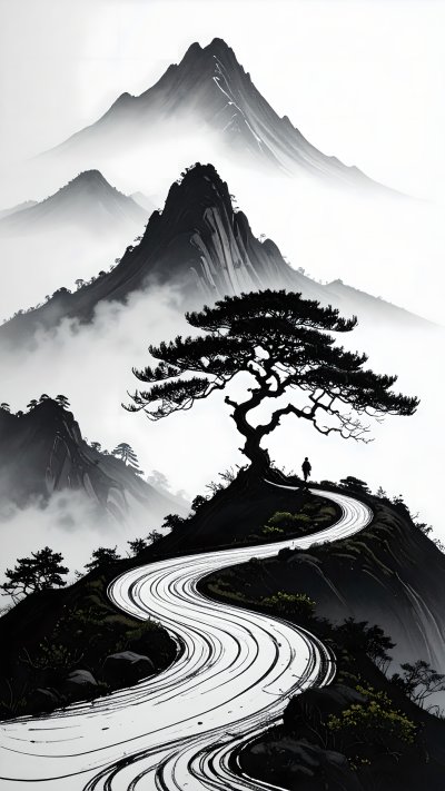 Ink painting of mountains, mist, pine tree, path, solitary figure