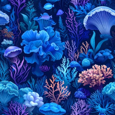 Seamless deep-sea illustration with glowing coral, anemones, jellyfish