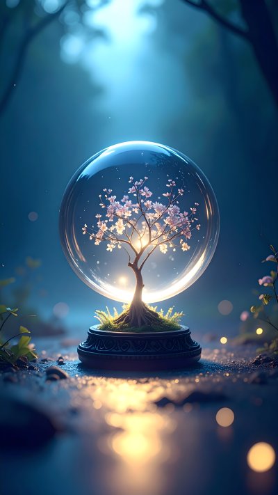 Magical miniature cherry blossom tree in glowing glass sphere on fo...