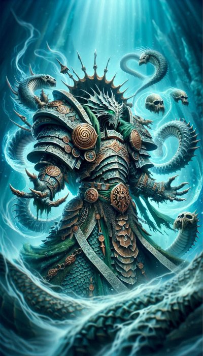 Mythological sea creature in armor with glowing snake heads underwater