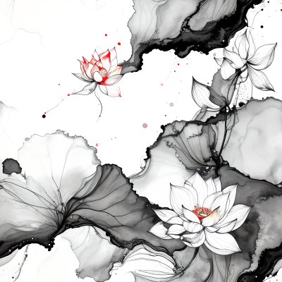 Ethereal ink wash lotus blossoms with delicate red accents