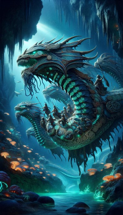 Celtic dragon-serpents bearing warriors in a glowing cavern