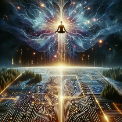 Meditating figure over glowing circuit landscape with cosmic energy