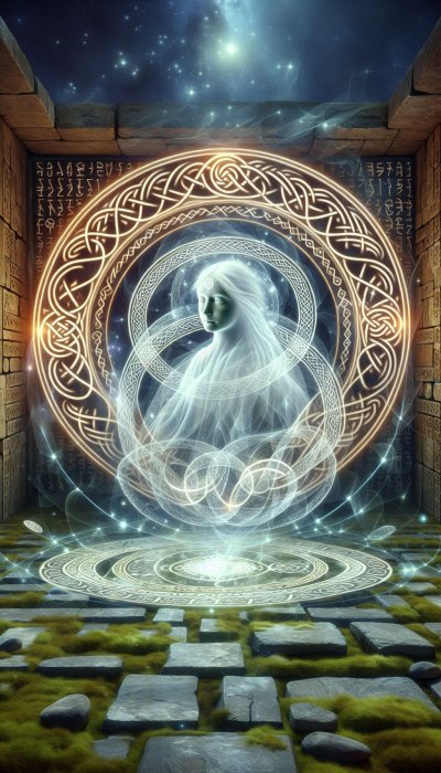 Ethereal figure in stone chamber with glowing light patterns and celes
