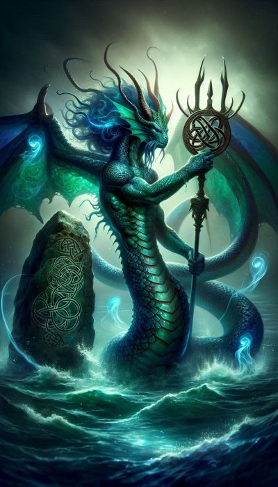 Powerful sea dragon emerges from stormy ocean holding magic staff.