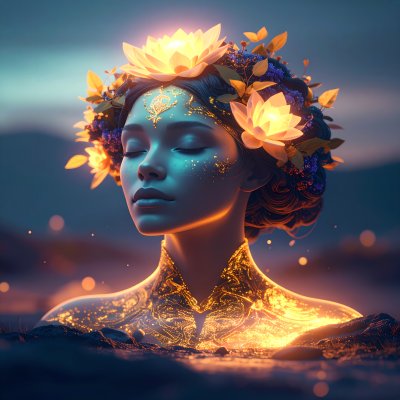 Serene goddess, lotus crown, golden shimmer, spiritual awakening.
