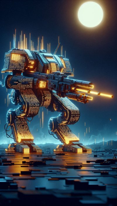 Futuristic mech robot of glowing code on digital landscape under moon