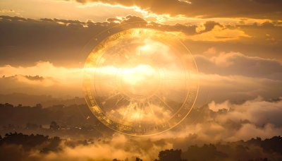 Golden Astrological Wheel Amidst Misty Mountain Sunset