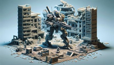 Colossal robot in ruined city, armed, depicting post-apocalyptic confl