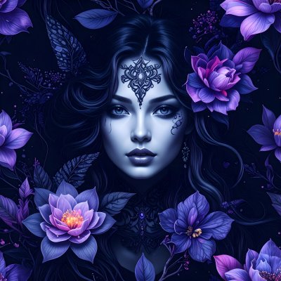 Mysterious woman with purple flowers and dark ethereal portrait.