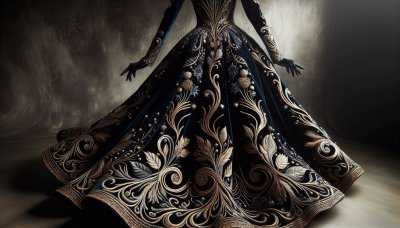 Opulent dark blue velvet gown with gold and silver floral embroidery