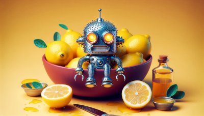 Vintage robot in a bowl of lemons with lemon oil, yellow background