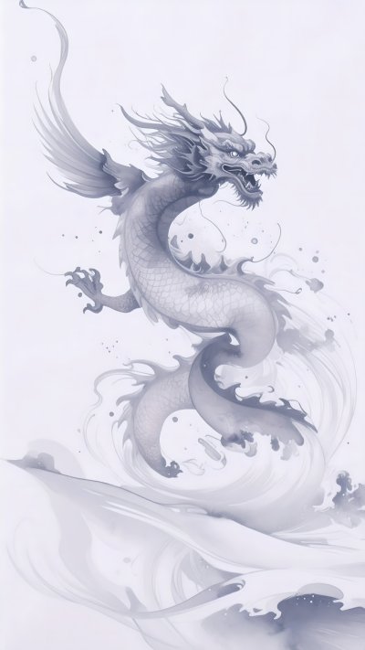 Ethereal gray ink wash Eastern dragon rising from water waves art