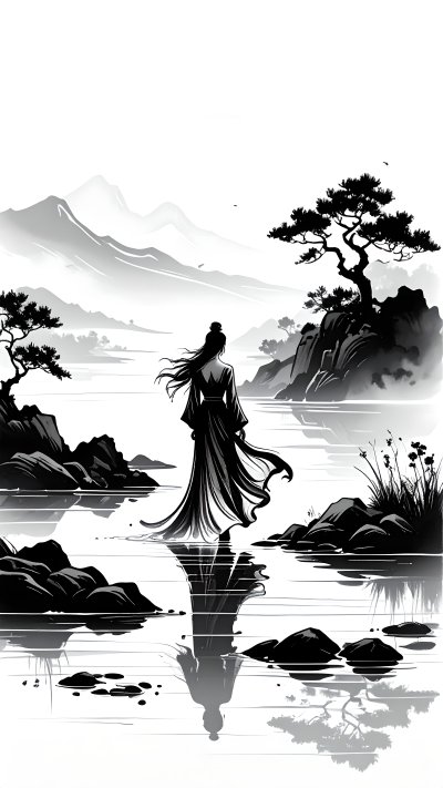 Elegant woman by lake in black & white ink wash landscape illustration