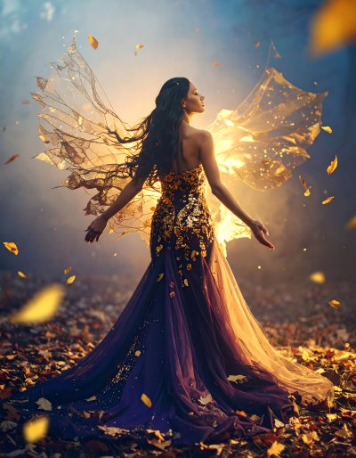Autumn fairy with golden wings and falling leaves, evoking wonder
