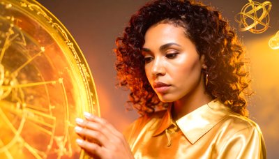 Woman with astro device, evoking wonder & spirit.