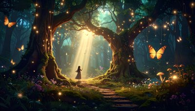 Enchanting forest path, golden light, fairy lights, butterflies
