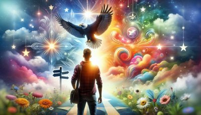Man on spiritual path toward transformation, guided by an eagle