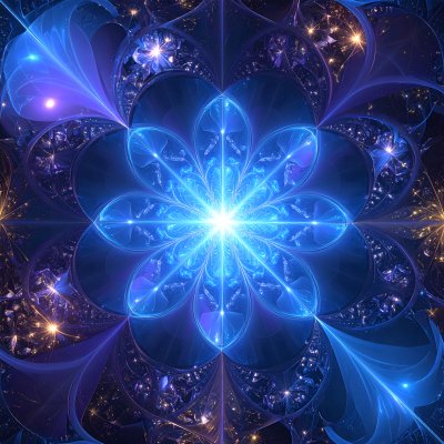 Symmetrical glowing blue and purple abstract fractal pattern