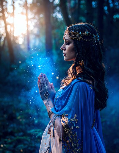 Woman praying in enchanted forest with magical glowing particles