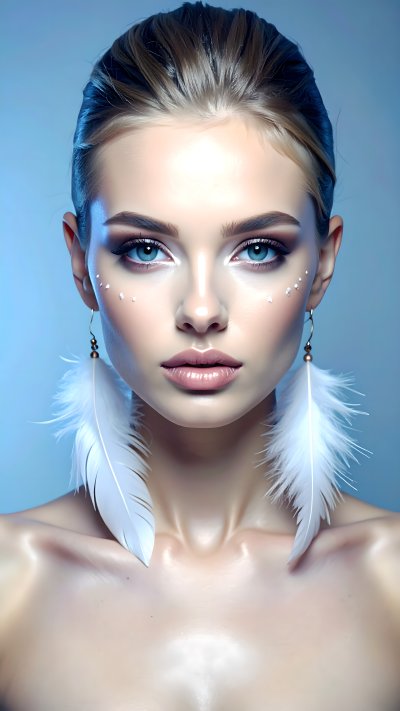 Young woman portrait with blue eyes and feather earrings
