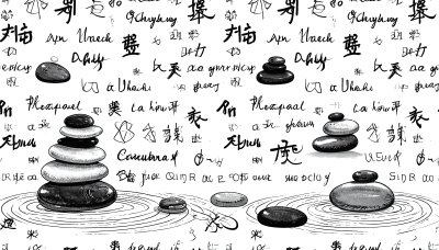 Serene Zen pattern with stacked stones, ripples, abstract text.