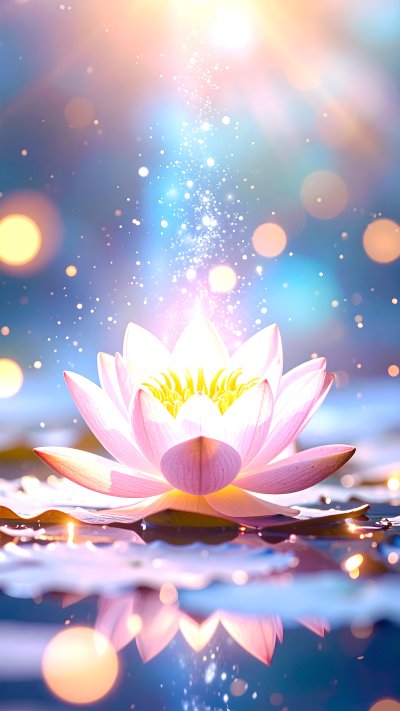 Pink lotus flower on water with ethereal glow, light rays and bokeh.
