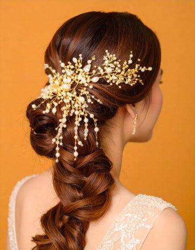 Bride with pearl and crystal hairpiece in braided updo