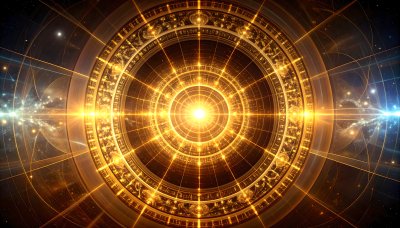 Golden celestial clockwork portal, cosmic energy, discovery, unknown