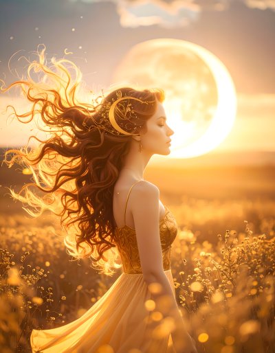 Dreamy woman in golden field at sunset, evoking wonder and peace
