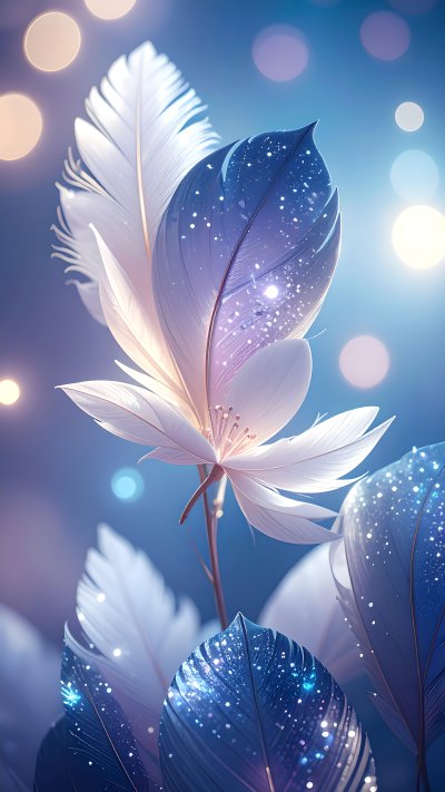 Ethereal feather flowers with glitter and bokeh on blue background