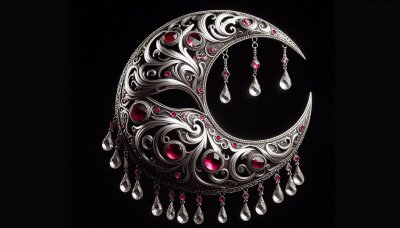 Silver moon pendant with ruby gems and crystal droplets on black.