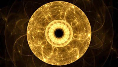 Abstract golden fractal sphere with luminous layers, cosmic wonder.