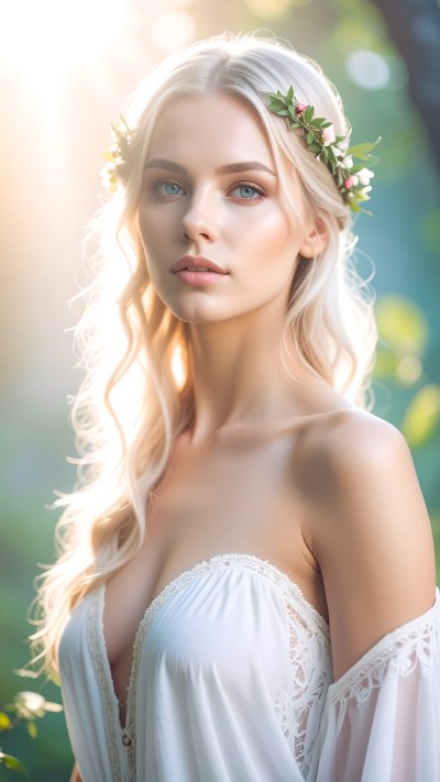 Blonde woman with flower crown in sunlit forest, ethereal artwork