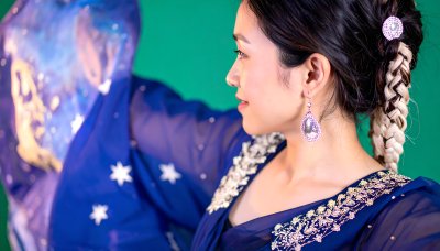 Woman in galaxy dress, stars, wonder, ethereal