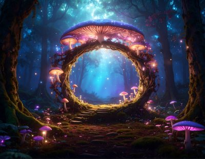 Enchanting mushroom portal in a mystical forest