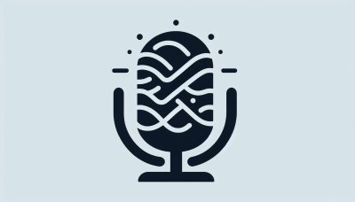 Stylized microphone icon with radiating waves on light grey background