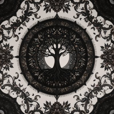 Dark ornate Tree of Life mandala with decorative patterns