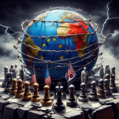 Globe in barbed wire on chessboard with figures under stormy sky