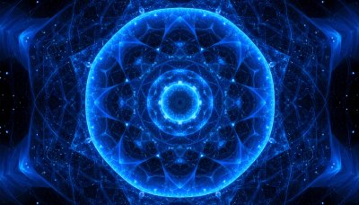 Glowing blue mandala against cosmic backdrop, spiritual awakening