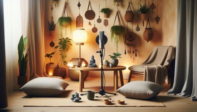 Calm interior with microphone, Buddha, and plants, for podcast or medi